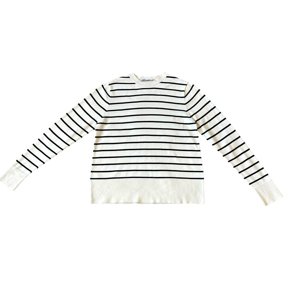 Zara Women's Crew Neck Striped Pullover Sweater Size Small Cream & Navy Blue